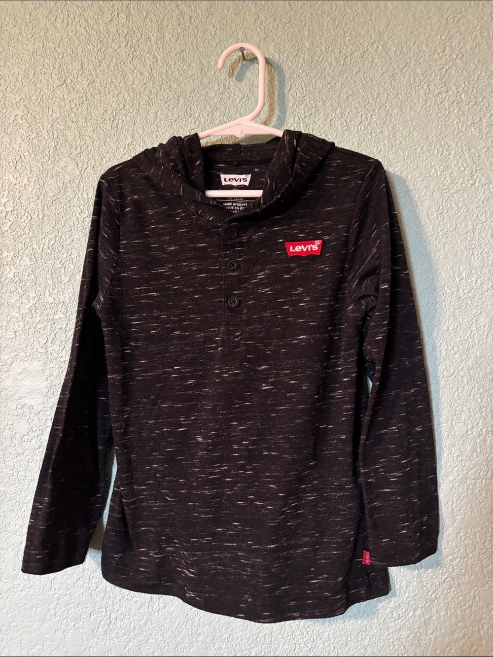 Levi's Kids Black Heather Hooded Long Sleeve Henley Shirt Boys Size XS 5/6 Good